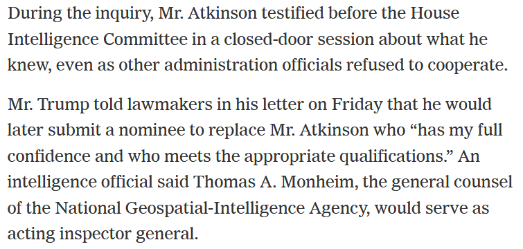I hope we soon get to see the transcript of Atkinson's closed door testimony to Schiff during the impeachment investigation. I am sure it will be very interesting!The general counsel for NGIA Thomas Monheim (I've never heard of him before today) will take over as acting ICIG.