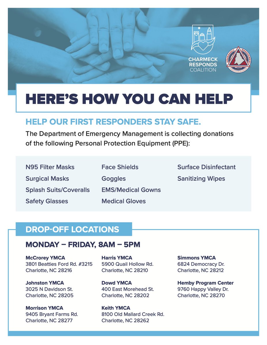 If you have #PPE and are willing to donate it, please bring any of the listed supplies to one of the following 
<a href="/YMCACharlotte/">YMCA Charlotte</a>
 locations. 

If you have large quantities of these items to donate, please fill out this form: bit.ly/Donate_PPE_CLT #Charlotte