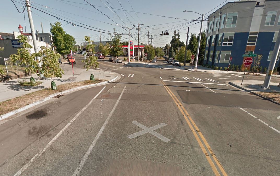 Slip lane was closed at this intersection in Beacon Hill. There are better sidewalk connections, some trees, and improved crossings as part of the improvement.