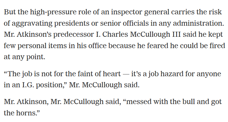 This is funny, they quote former ICIG Charles McCullough stating Atkinson "messed with the bull & got the horns." Which is kind of ironic as McCullough was allegedly fired for investigating Hillary's email server...