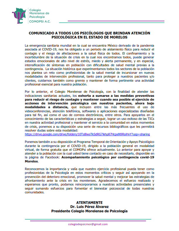 comopsiac's tweet photo. COMUNICADO A LOS PSICÓLOGOS QUE BRINDAN ATENCIÓN PSICOLÓGICA EN EL ESTADO DE MORELOS
Link de recursos bibliográficos sobre atención psicológica en modalidad virtual: https://t.co/OwolbXEdtF
#COMOPSI #FENAPSIME #SaludMentalVsCovid19 #Morelos #COVID19mx
#Solidaridad #RedesApoyo https://t.co/DSfffyaXDG