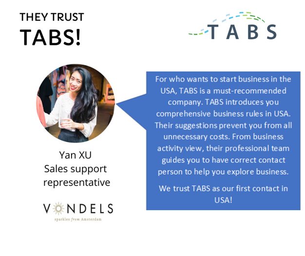 #TABS is proud to help #Vondels in its US development. 
Yan Xu, sales support representative at Vondels tells you about their experience:

Trust TABS to be your #partner in the US! Contact us for a complimentary consultation:
tabsinc.com