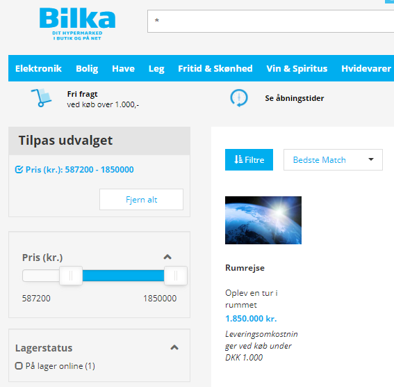 Man kan fucking købe en rumrejse på bilkas hjemmeside.. 1,8 mil.. Håber der er fri fragt