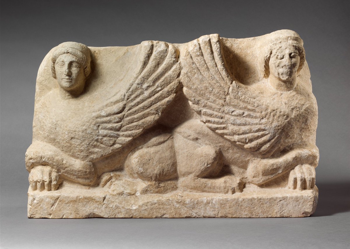 A thread on Classical antiquities I've recently found: Limestone funerary stele with antithetical sphinxes. Pairs of opposing sphinxes were used as guardians on funerary monuments & shrines. ca. 475–450 B.C. from the Necropolis of Golgoi, Cyprus. At Met.