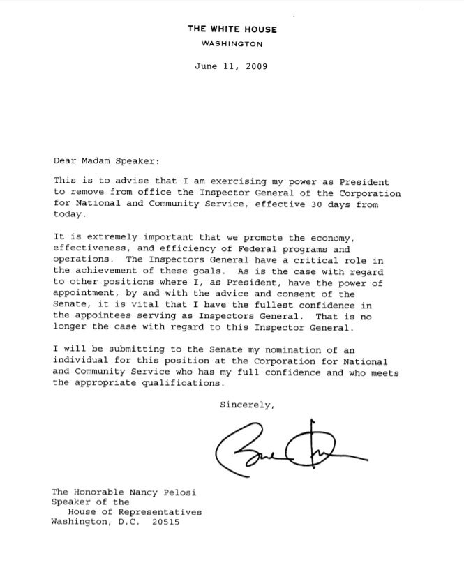 Two nearly identical notices to Congress of intent to remove an IG. Both generic: lost confidence.5 days after Obama's, the WH had to send a more specific one ( https://wapo.st/3aL6ax9 ) b/c Senators said law requires actual reasons in notice. 1/5