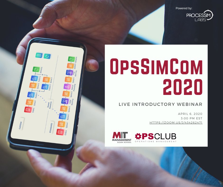 Processim Labs (@processimlabs) on Twitter photo Prepare for this year’s <a href="/MITSloan/">MIT Sloan School of Management</a> Ops Management Club’s virtual event, #OpsSimCom 2020, with the help of <a href="/ProcessimLabs/">Processim Labs</a>' webinar.
Where: bit.ly/3aJ3X5h
When: April 6th @ 3 pm EST
#OpsSimCom
Info: bit.ly/348vzOZ
Register before April 10!
#edtech #simulations Prepare for this year’s <a href="/MITSloan/">MIT Sloan School of Management</a> Ops Management Club’s virtual event, #OpsSimCom 2020, with the help of <a href="/ProcessimLabs/">Processim Labs</a>' webinar.
Where: bit.ly/3aJ3X5h
When: April 6th @ 3 pm EST
#OpsSimCom
Info: bit.ly/348vzOZ
Register before April 10!
#edtech #simulations