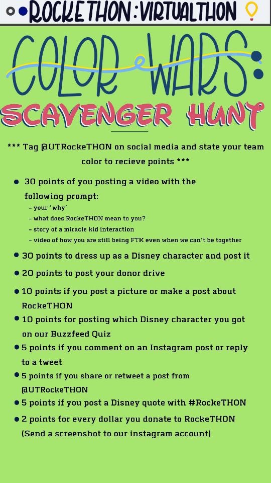 UTRockeTHON's tweet photo. Here is the Color Wars Scavenger Hunt we talked about on our livestream! Make sure you compete with the color team you’re on! Tag us every time you post so we are able to keep track of how many points your team earns! Can’t wait to see what you all come up with! https://t.co/23ooyJnEx0