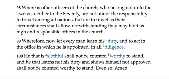 A strange ending to a  #SistersReadingAssignment: "Let every man (women too?) learn his duty and to act in the office to which he is appointed (we have no office because  #LDS do not  #OrdainWomen)." Fingers crossed that this  #GeneralConference is the one that changes that!