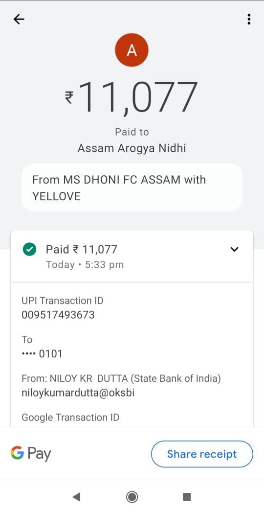 Kangkan_Msd24's tweet photo. WE FROM #MS_DHONI_FANS_CLUB_ASSAM DONATED LITTLE AMMOUNT OF MONEY (Rs 11,077) TO 
#AROGYA_NIDHI FOR FIGHT AGAINST CORONA VIRUS.
#StayAtHome #StaySafe
#IndiaAgainstCOVID19 
 @msdhoni  @narendramodi  @himantabiswa  @CMOfficeAssam  @ChennaiIPL @cricketaakash @IPL 
@Kangkan_Msd24 https://t.co/29nWGQy1pi