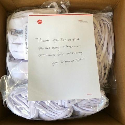 Mattel's tweet photo. Today, we delivered face masks made by our design &amp; development teams to a local LA hospital. We’re also working to provide masks to several other healthcare institutions across the U.S. Thank you to the medical community for working tirelessly to keep us safe. https://t.co/ed6iRNCPRx