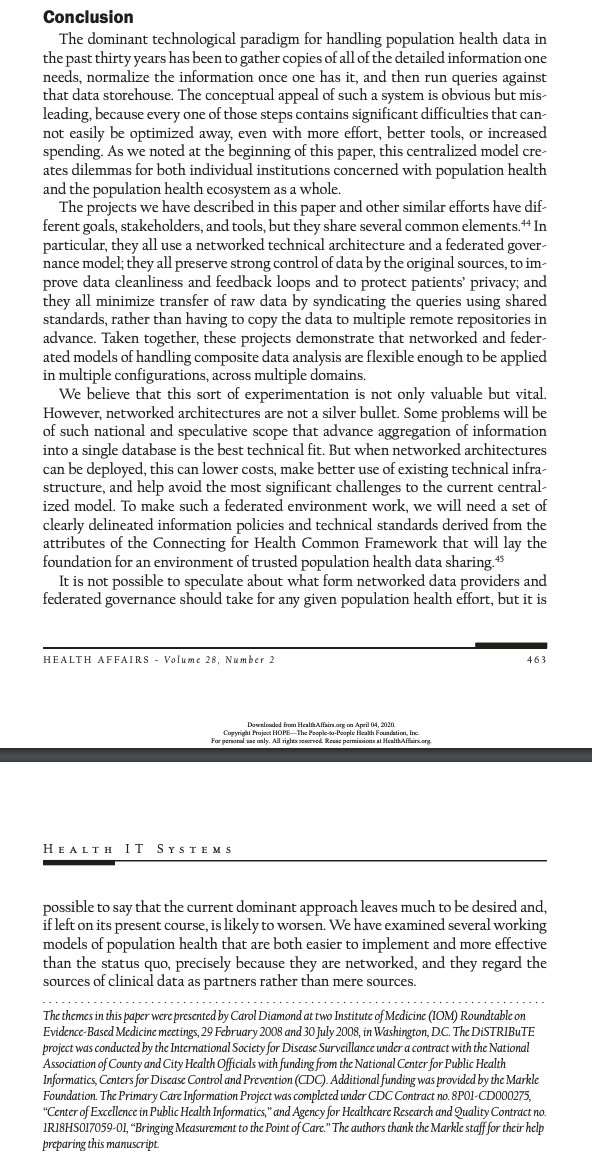 14/ Carol Diamond and the great  @cshirky and I wrote in 2009:"we propose a new model for analyzing data on populations, which takes distributed and dynamic access to information for granted without exposing the details of the underlying data" https://www.healthaffairs.org/doi/pdf/10.1377/hlthaff.28.2.454