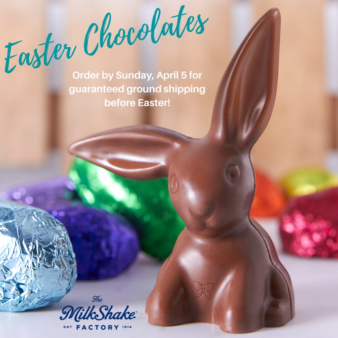 MShakeFactory's tweet photo. Easter weekend is in one week! Make sure your baskets are full by ordering Milk Shake Factory truffle eggs, classic bunnies, and more! Visit https://t.co/gPsSUYC7cb Place your order by Sunday, April 5 for guaranteed ground shipping before Easter #Easter #EasterBasket #Chocolate https://t.co/YqVQSLfajJ