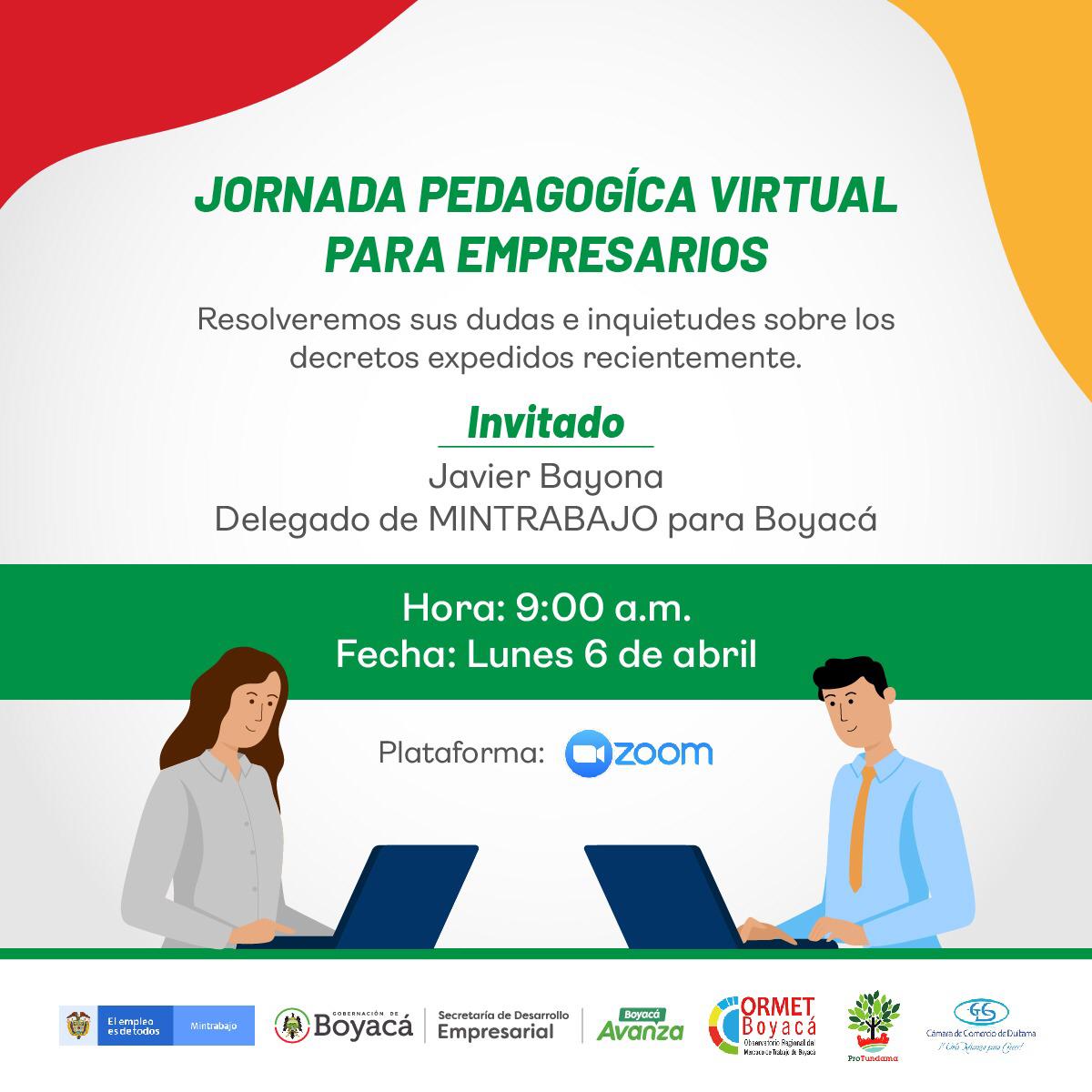 En @SEmpresarialBoy continuamos trabajando por los empresarios boyaceses. El lunes 6 de abril asiste a la primera jornada laboral virtual para socializar la normativa y decretos de reglamentación laboral 👉🏻 us04web.zoom.us/j/821160242?pw…
ID de reunión: 821 160 242
Contraseña: 022987