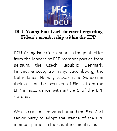 DcuYfg's tweet photo. ⬇️DCU YFGs statement regarding Fidesz's membership of the EPP ⬇️ https://t.co/utI3JSVg2J