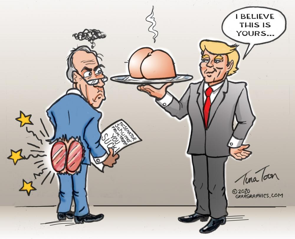 actlightning's tweet photo. Ben Garrison: New Meaning of Butt-Hurt Use this whenever Comrade ChuckYou needs a reminder about who the leader is.

#TCOT #GOP #KAG2020 #MAGA #Millennials #UniteBlue #Democrats #BadSenator! https://t.co/Vz5BwK84W1