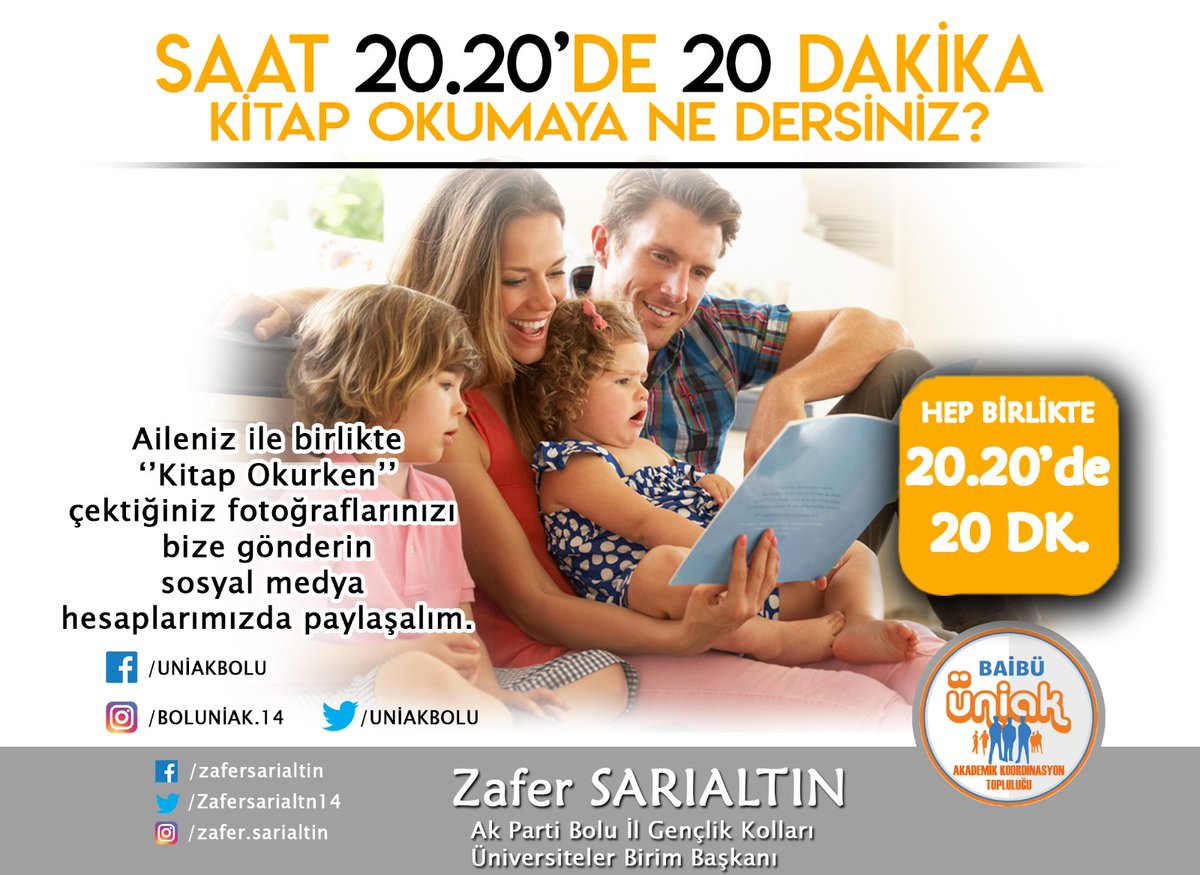 Haydi Genç kardeşlerim
Her gün Saat 20.20 de 20 DK Kitap okumaya ne dersininiz
Siz ailenizle birlikte kitap okuyun ,bunu fotoğraflayıp Üniak topluğumuzun hesaplarına gönderin biz de sosyal medya sitemizde yayınlayalım.
Her örnek olalım hem de kitap okuyalım😉
#EvdekalTürkiyem🇹🇷