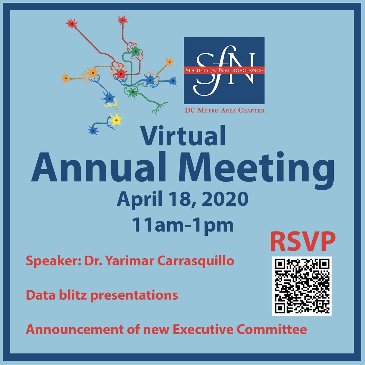 sfn_dcma's tweet photo. This year our Annual Meeting will be held Virtually!!! Join us for wonderful Neuroscience updates and to welcome out new Executive Board!! RSVP: https://t.co/Zq4bZSifyy https://t.co/OsdFj5hpm9
