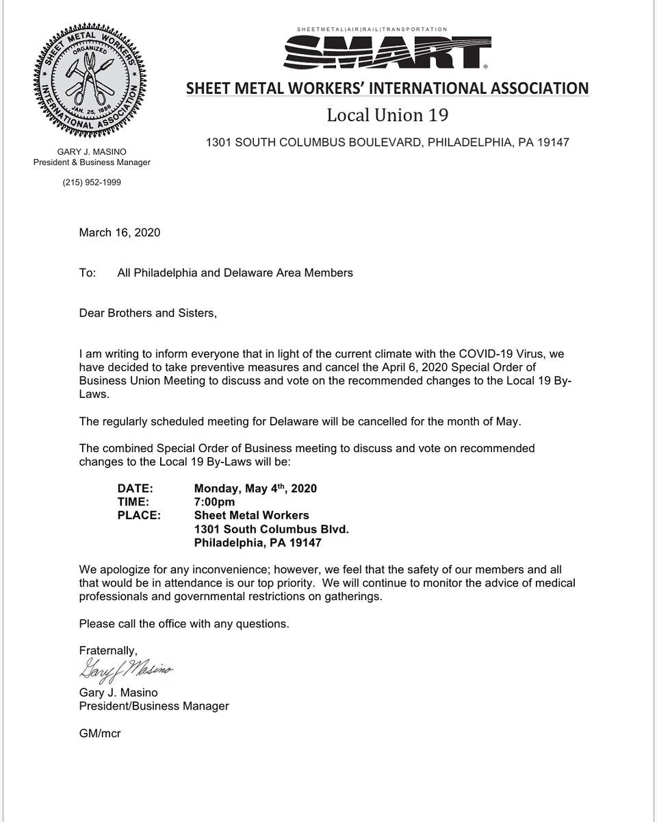 Local 19 Members,

Please be advised that the scheduled Special Order of Business Meeting this Monday April 6, 2020 has been cancelled due to the current climate surrounding COVID-19. 

See the attached letter from President Masino, sent out to the membership on 3/16/2020.