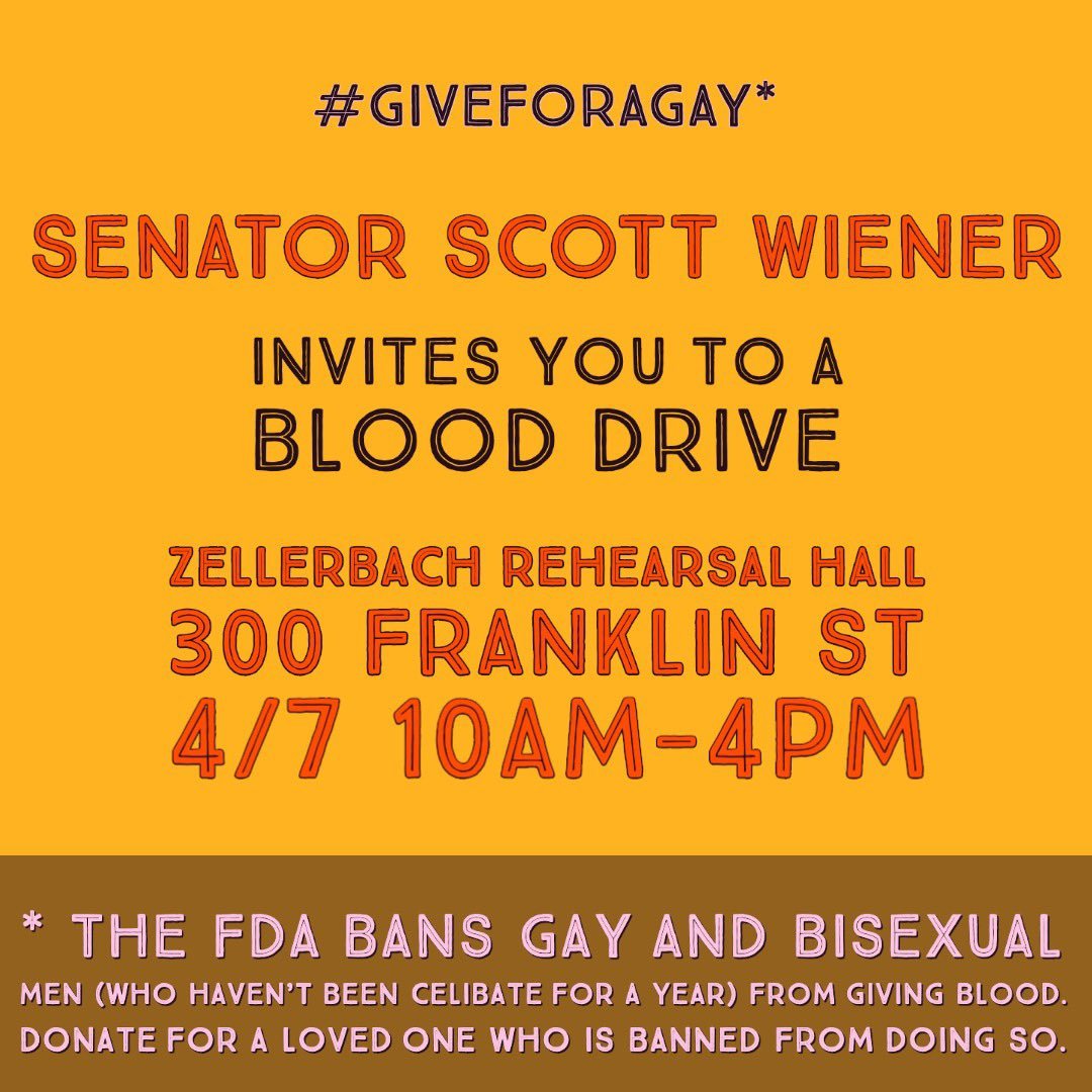 We need to support those in need in our community. One way I'm doing that is by giving blood next Tuesday at  @Scott_Wiener's  #GiveForAGay blood drive. Here’s the link to sign up (enter sponsor code: senatorwiener):  https://redcrossblood.org/give.html/donation-time*By appointment only*