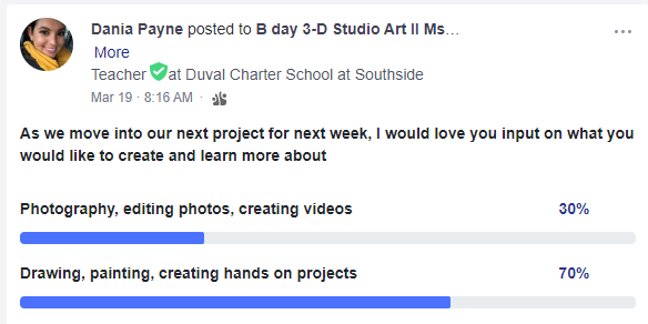 DCSSouthside's tweet photo. I love how especially our Middle school elective teachers are using the polling function in @edmodo to give their students voice & choice in the direction that the class will go! #arts #Stingraystrong #remotelearning #DCSSBestYearYet @CSUSAJonHage @CSUSAhq https://t.co/TDrkNp6gUQ