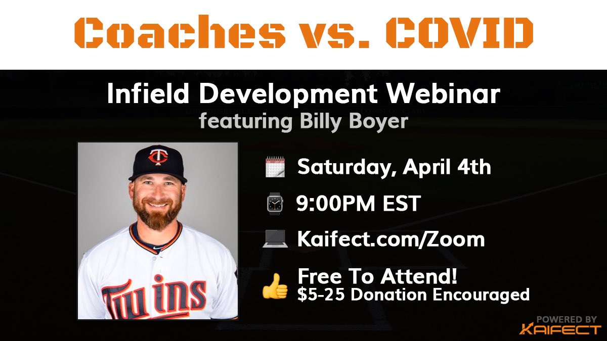 COACHES AND INFIELDERS Join us tonight on the Coaches vs. COVID Infield Development Webinar hosted by our friends  @KaifectAgency. Live Link will be posted today at 8:00pm EST. Donations encouraged to fight COVID HEAD ON:  http://engage.fredhutch.org/site/TR/PersonalFundraisingPages/General?px=1823168&pg=personal&fr_id=1574 #CoachesVsCOVID