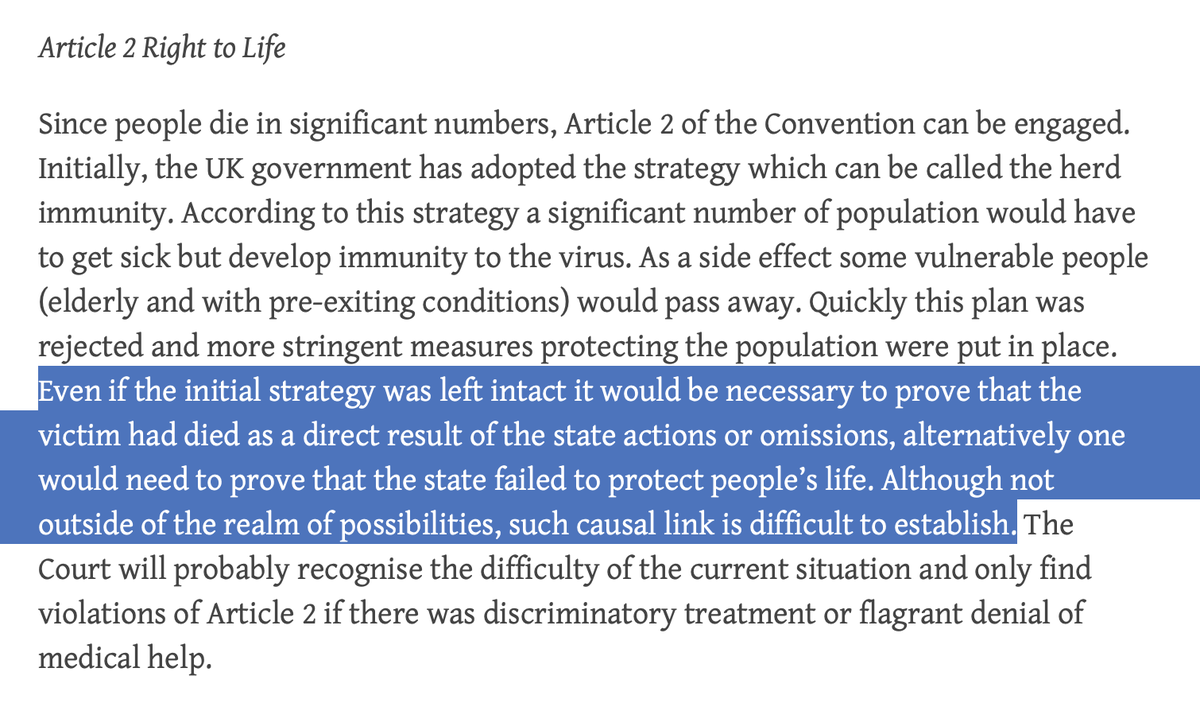 9. Prof  @dzehtsiarou considers  #HerdImmunity from angle of Art 2 ECHR:  https://strasbourgobservers.com/2020/03/27/covid-19-and-the-european-convention-on-human-rights/I agree that causal link betw govt acts/omissions & deaths would be difficult to establish.But I wonder whether Court would contrast w/ strict measures by majority of European countries