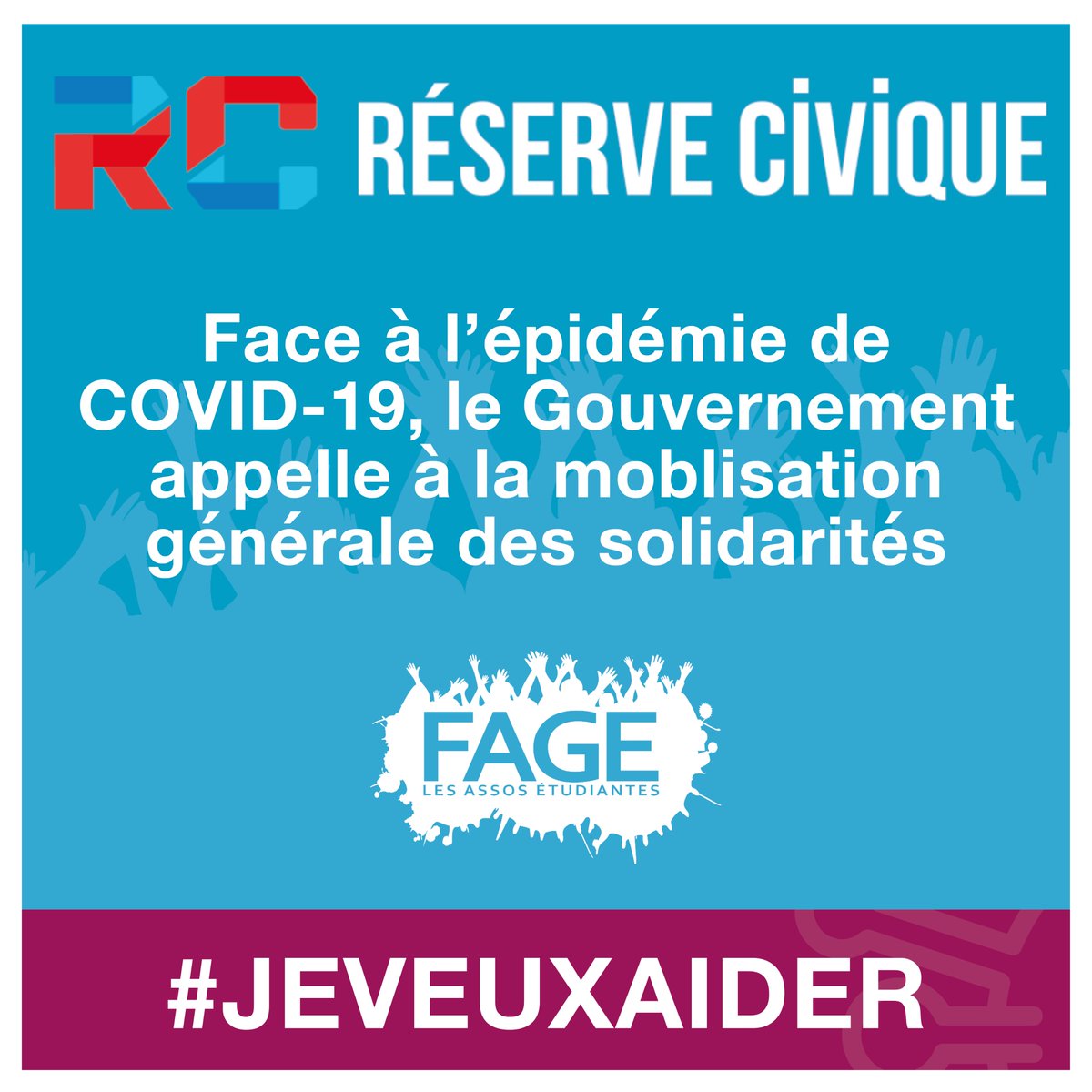 La_FAGE's tweet photo. [RESERVE CIVIQUE - #COVIDー19]

Pour faire face collectivement à la crise sanitaire, le @gouvernementFR a lancé la @ReserveCivique afin de permettre à celles et ceux qui le souhaitent de s'engager 🤝 #JeVeuxAider 

+ d'infos 👉 https://t.co/PWKUWn9kxX

⬇️Les 4 missions vitales⬇️ https://t.co/7kohT9AbKB