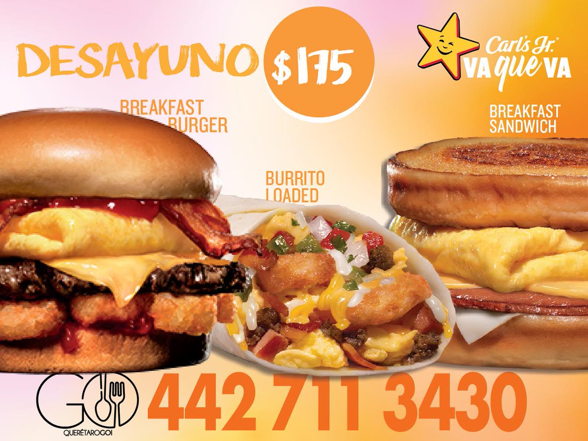 ADQueretaro's tweet photo. Querétaro GO! te lleva te lleva el desayuno hasta tu casa, marca o manda un WA 4427113430 ❤🍔🏡💛 FREE DELIVERY
#DeliveryLocal #FreeDelivery #VaQueVaCarlsJr #quedateencasa https://t.co/b33hKmVKeI