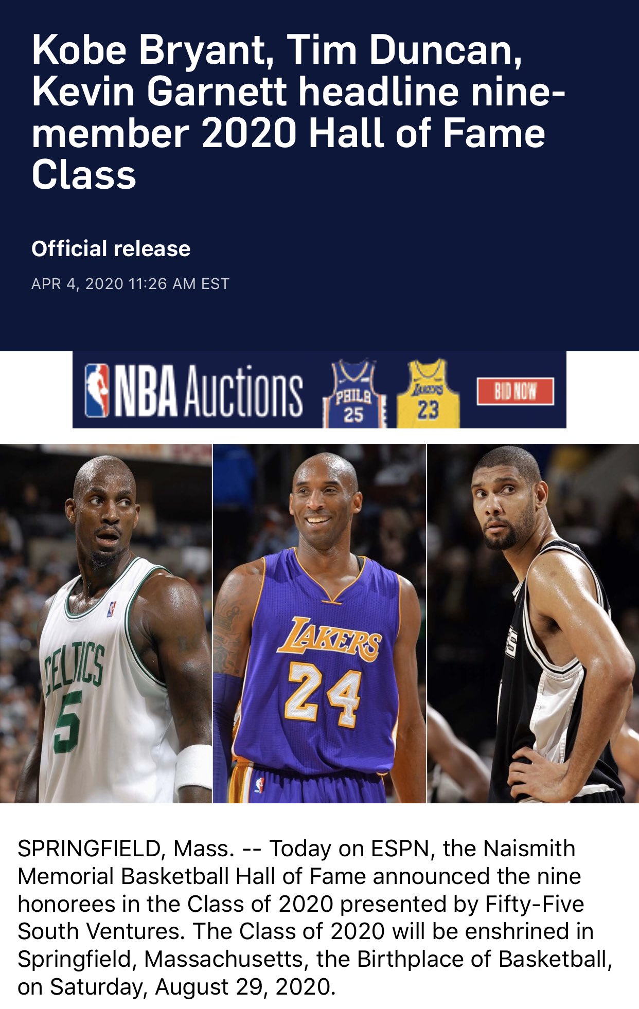 Kobe Bryant, Tim Duncan, Kevin Garnett headline nine-member 2020