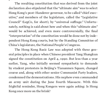 Excerpts from page 30 (about the Basic Law growing out of the 1984 agreement between London and Beijing) and page 39 on protests being linked to the part of it promising Hong Kong's people a large role in choosing local officials