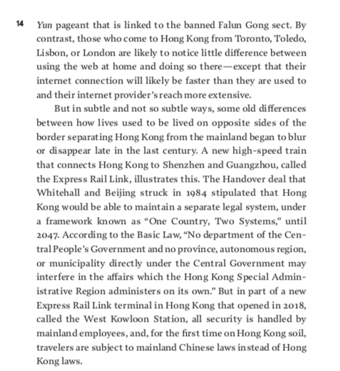 Excerpts from pages 13 and 14, on ways that Hong Kong has remained different from mainland cities, as the Basic Law promised, and how recent developments such as allowing mainland security to control a train station inside Hong Kong has made some difference blur or disappear