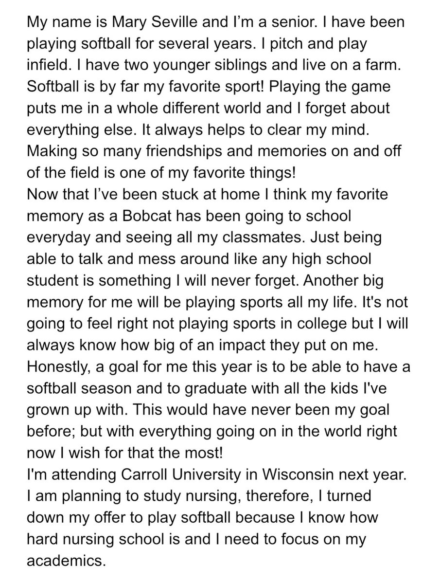 bobcatsBOOM's tweet photo. Mary Seville is another one of our Seniors. She has been a leader on and off the field! She will be attending @carrollu to study Nursing. Let’s get to know our Bobcat!💙💛@MarySeville2 https://t.co/j5PUVaRFsr