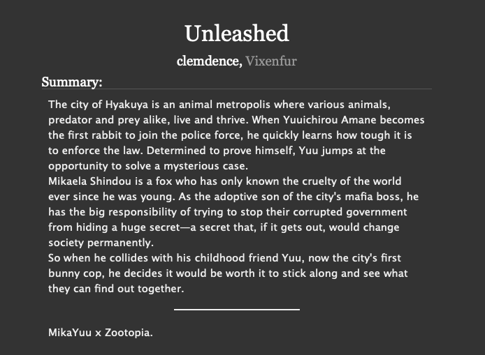 UnleashedVixenfur x ClemdenceDisney AU: ZootopiaChapters: 6Word count: 58,307 https://archiveofourown.org/works/19183381/chapters/45600310