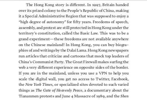 Excerpts from pages 13 and 14, on ways that Hong Kong has remained different from mainland cities, as the Basic Law promised, and how recent developments such as allowing mainland security to control a train station inside Hong Kong has made some difference blur or disappear