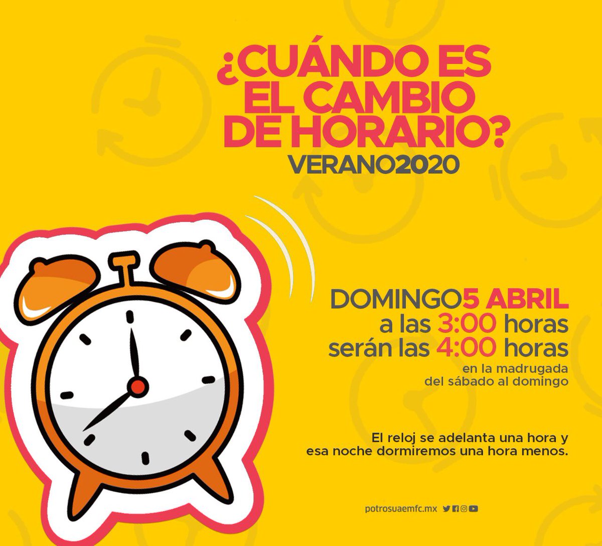Recuerda que este domingo 05 de abril inicia el #HorarioDeVerano☀️ 

No lo olvides, hoy antes de irte a dormir 🛏 adelanta una hora tu ⏰

#QueNoSeTePase
#UnidosSomosIndomables👊🏼