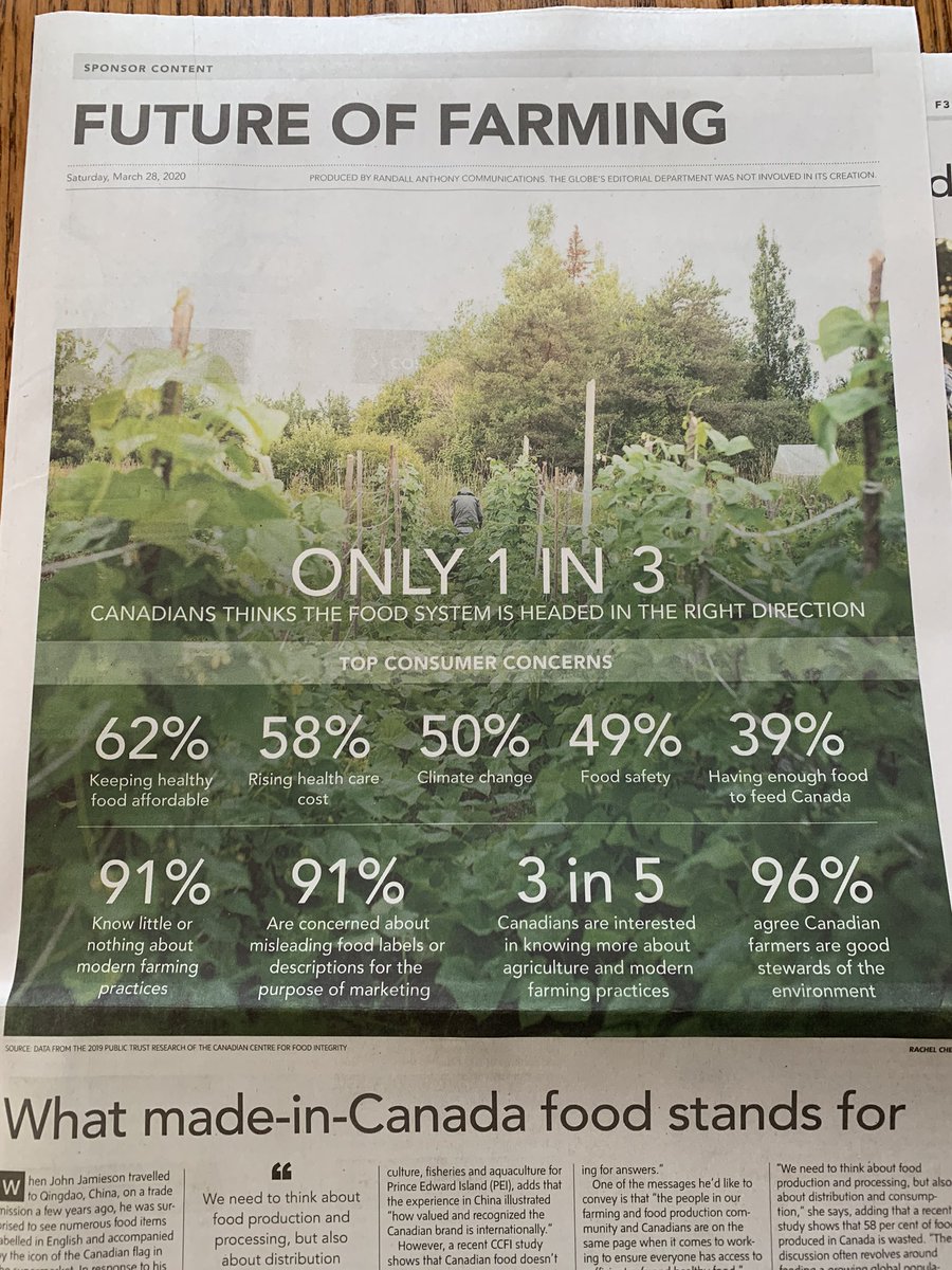 It is great to see a sponsored section in the  @globeandmail today labelled “The Future of  #Farming”. At some point in my life I thought that a dedicated science/agriculture should be a daily newspaper feature!  @lefsrud noted that  #agriculture has more space than  #sports today!