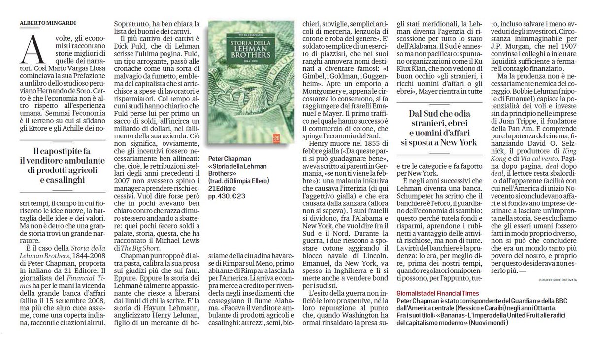 sarapira's tweet photo. Oggi su @TuttoLibri la recensione di Alberto Mingardi al volume #StoriadellaLehmanBrothers di #PeterChapman 
@21_editore 

#LehmanBrothers #banche #economia #finanza #Usa https://t.co/hO0gaqC1df