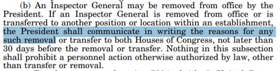 To remove an IG, the law requires a president to tell Congress why. Congress cannot stop the removal, even if it thinks the reasons aren't good enough. But, the statute requires written notice of "the reasons for"--not merely fact of the removal. 4/5