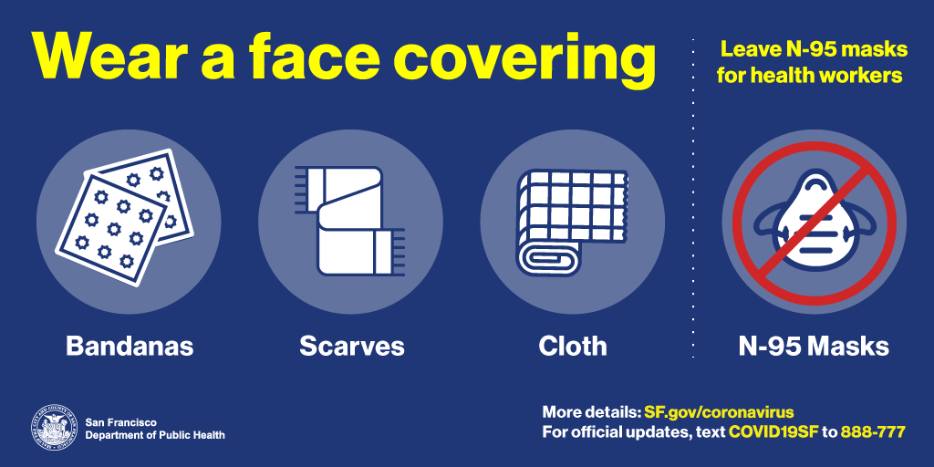 Finally,  @SF_DPH announced guidance on face coverings. The most important thing you can do is stay home & wash your hands often. If you must go out, cover your nose and mouth with a cloth covering. There's a shortage of N95 masks, please don't go buy them. http://sf.gov/coronavirus 