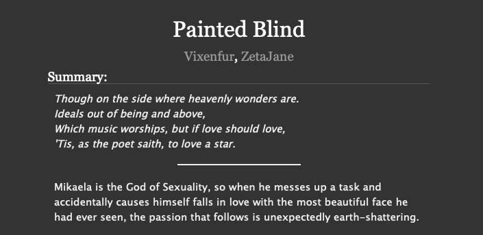 Painted BlindVixenfur x ZetaJaneMythology AU: Eros Mika x Psyche YuuChapters: 10Word count: 60,450 https://archiveofourown.org/works/20468063/chapters/48566786