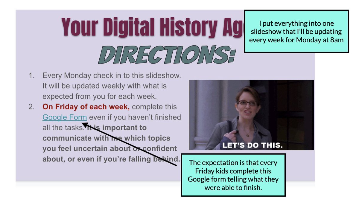 I keep everything in a Google Slideshow (even though my kids will be using D2L for work submission). This way I can update it in real time and it's something the kids are very familiar with (I teach grade 10 history)
