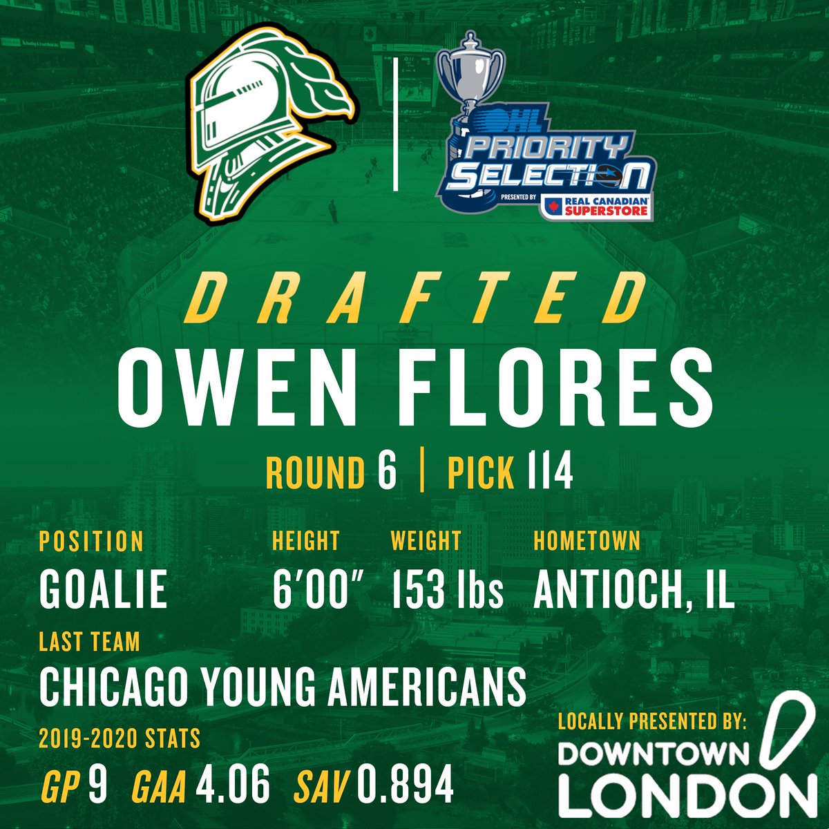LondonKnights's tweet image. The London Knights are proud to select Owen Flores with the 114th pick in the #OHLDraft, locally presented by @Downtown_London⚔️