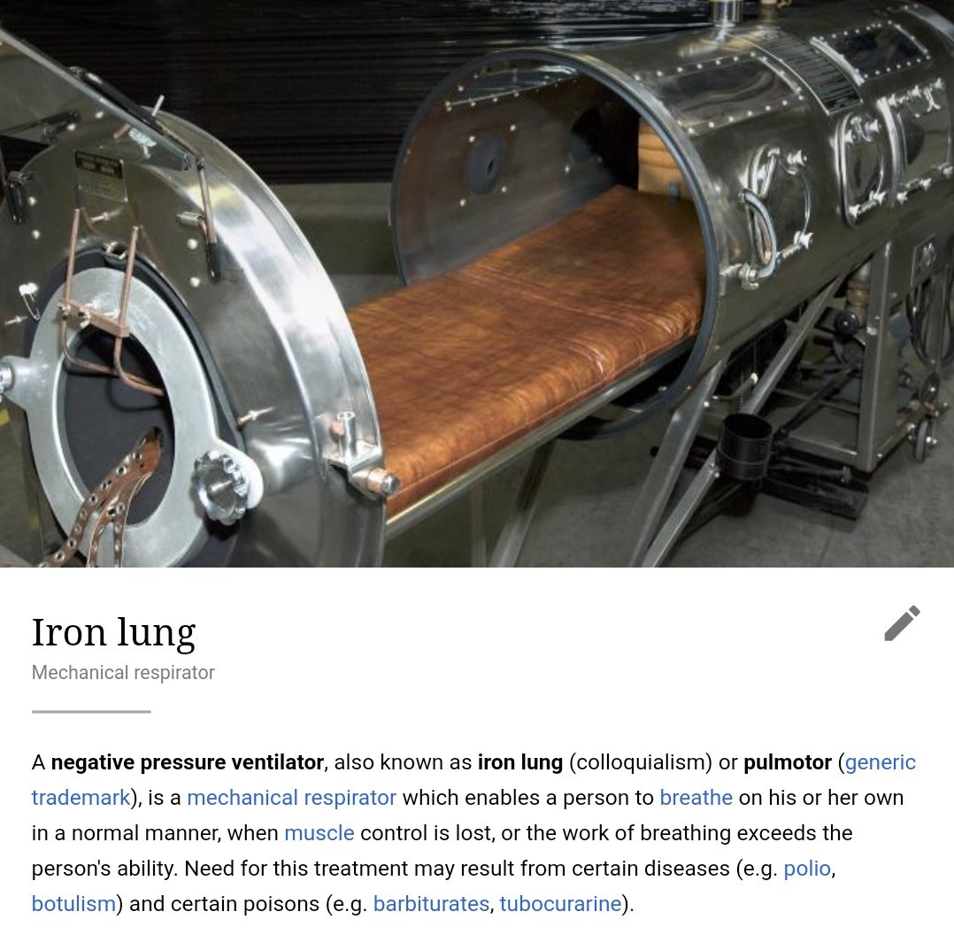 Historically, negative-pressure ventilation required the use of a large and bulky machine.They were particularly popular in treating acute polio.Over time, use of this approach declined, mainly due to space requirements and obstruction of access to the patient.