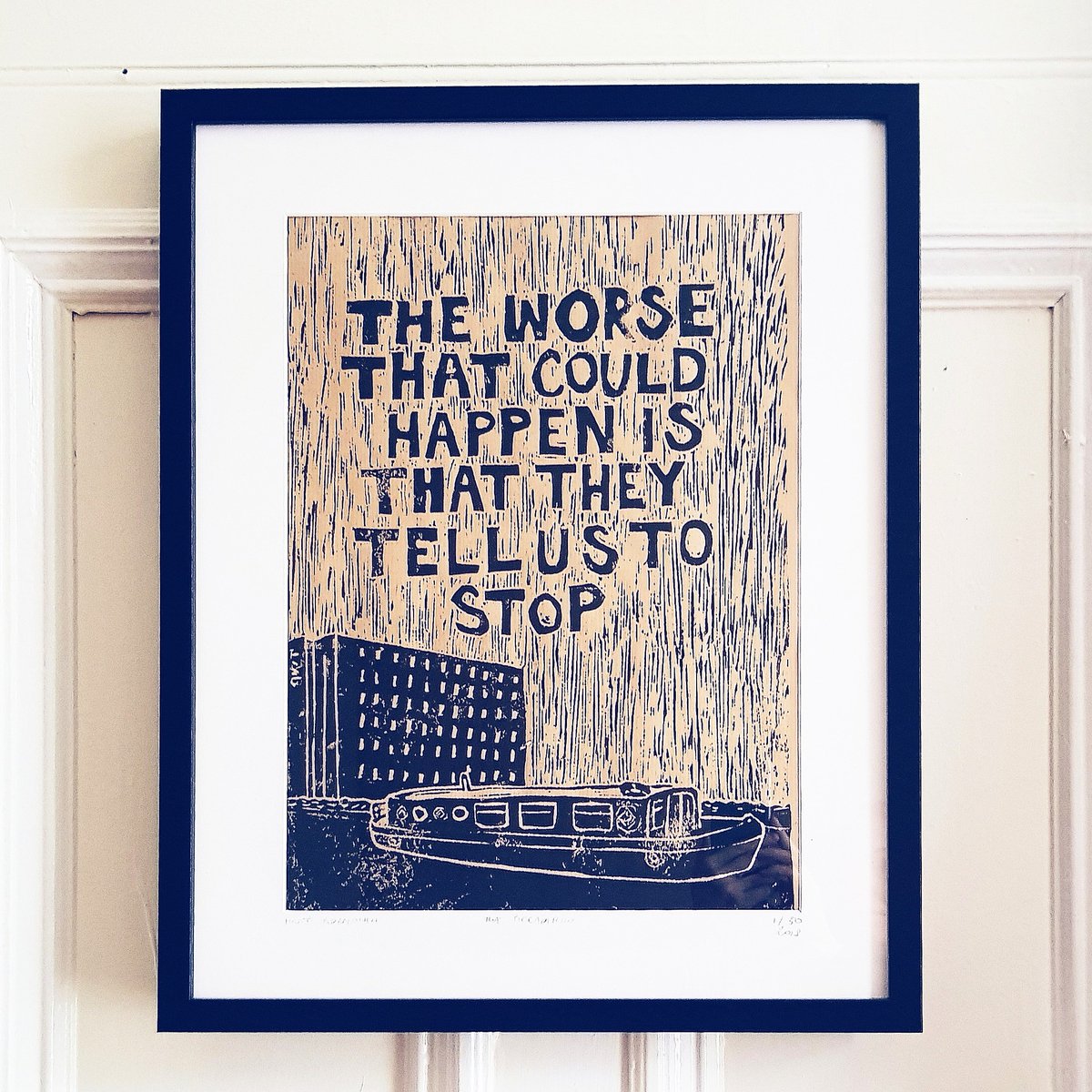 The linocut by Marta Adamowicz illustrates our screening #RadicalHomeCinema in a #Clydecanal boathouse.Made for thebook A Screen Less Ordinary by María Vélez Serna about #popupcinema includes an interview with <a href="/CinemaUpCollect/">Cinema Up Collective</a> where we said that quote. Now sounds different.