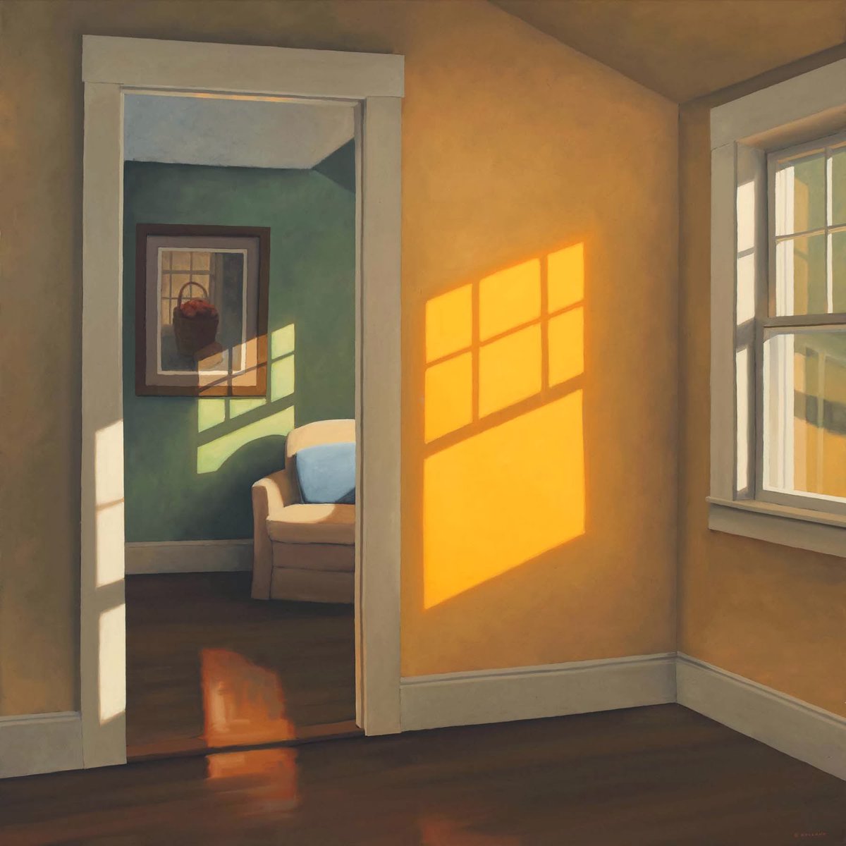 Interiors by American painter Jim Holland, 2000s-10s, whose quiet oils are inspired by Edward Hopper and the qualities of light found around his Cape Cod home