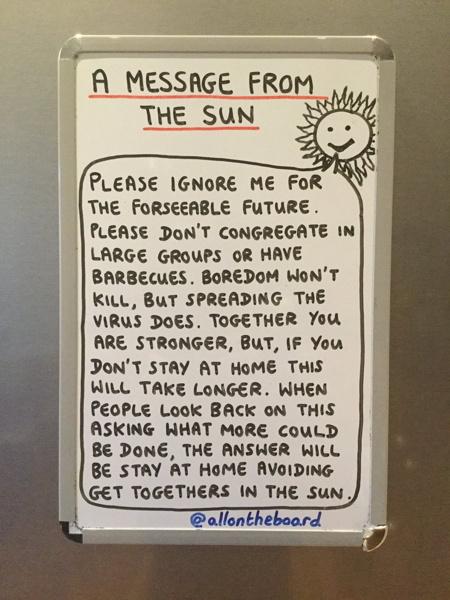 allontheboard's tweet photo. A Message From The Sun - Together YOU are stronger, but, if you don’t stay at home this will take longer. Still get a bit of Vitamin D while doing a bit of daily exercise, but don’t treat it like a bank holiday. @allontheboard 

#StayHome #StayHomeSaveLives #StayAtHome https://t.co/03JJv6p4wW