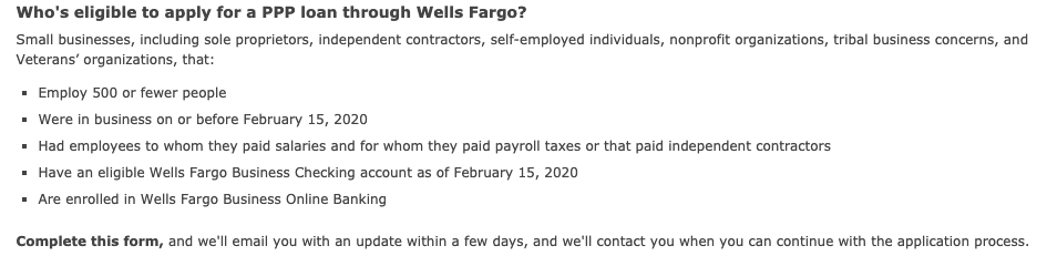 As of this AM: Wells Fargo is accepting #PPP applications from business customers (accounts open since 2/15) <a href="/SBAgov/">SBA</a> #SBA