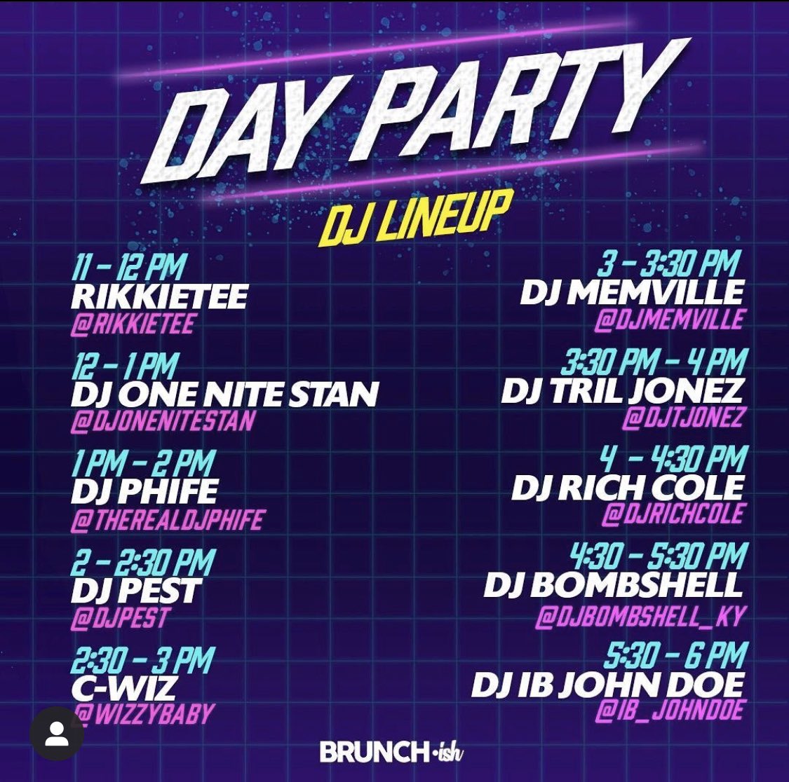 brunchish's tweet photo. Still wanna brunch during the quarantine? We got ya! These DJs are going crazy today on the Brunch•ish Virtual Kickback. Do you see your favorite DJ listed? Tag them and tag a friend! Check below to see when you favorite DJ will be taking over the Instagram live on @Brunchish https://t.co/eQ36Zm6TI7