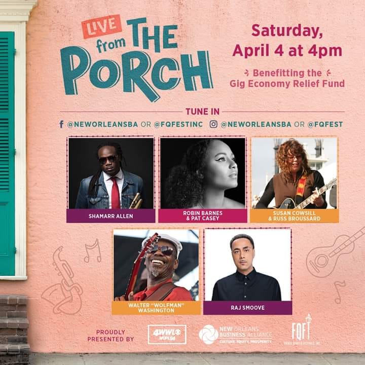 Nothing says Saturday in New Orleans like sitting back on the porch &amp; listening to some music! Tune in today for Live on The Porch on FB Live or IG Live on <a href="/FQFestNOLA/">French Quarter Festivals, Inc</a> or @neworleansba featuring @robinmbarnes, <a href="/shamarrallen/">Shamarr Allen</a>, <a href="/susancowsill_1/">Susan Cowsill</a>, <a href="/wolfmannola/">Walter "Wolfman" Washington</a>, and @rajsmoove!