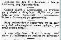 Talk of the influenza again features in the ‘Golofn Gymraeg’ – noting that there are since 2,000 cases in Carmarthen (unclear if town or county).It is also noted that over recent weeks, a number of Welsh soldiers had died from the influenza in  . (tbc...).